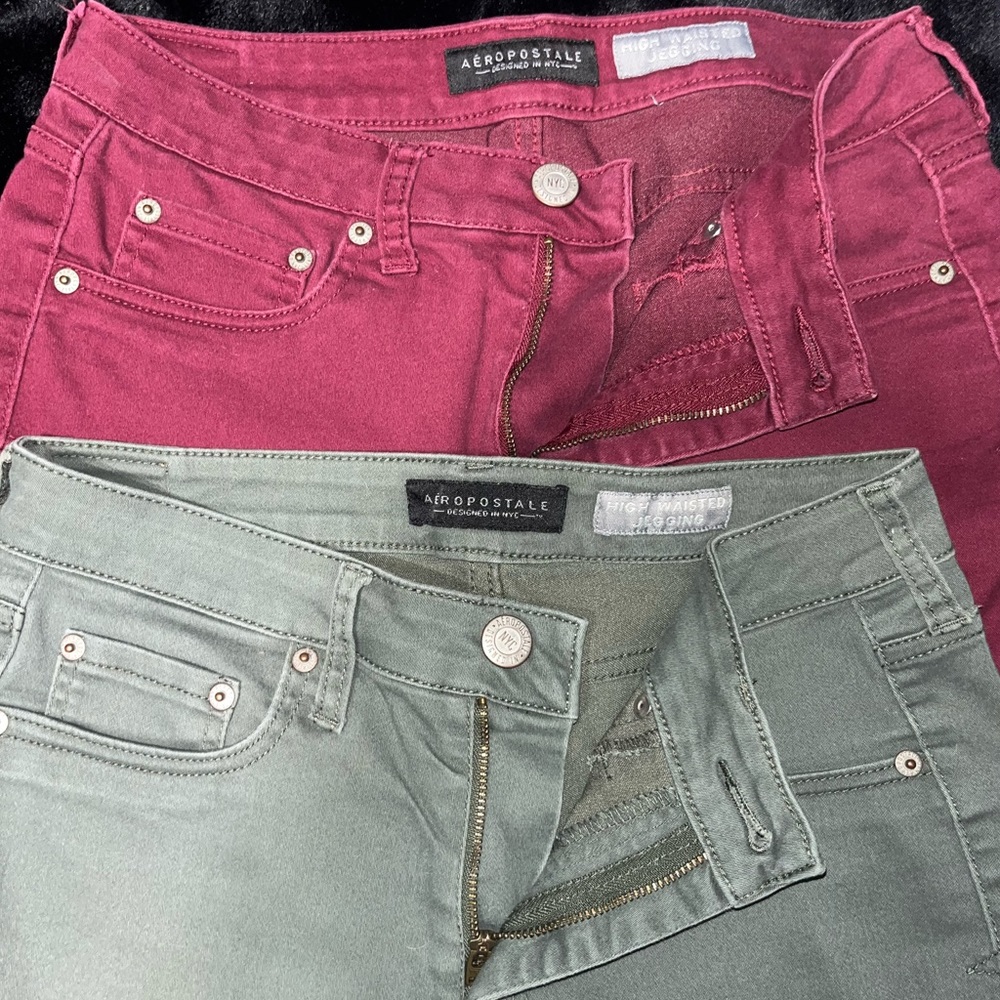 Army green and maroon jeans